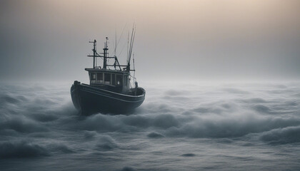 Fototapeta premium A lone fishing boat braving a foggy, freezing night at sea, surrounded by towering waves and icy mist as it fights against the elements. 