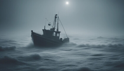 Naklejka premium A lone fishing boat braving a foggy, freezing night at sea, surrounded by towering waves and icy mist as it fights against the elements. 