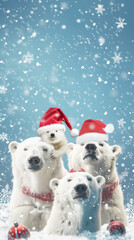 Fototapeta premium Polar Bear Family in Santa Hats with Christmas Decorations