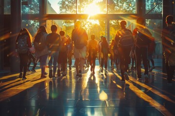 Obraz premium Sunlit School Entrance: A Group of Students Crossing Through Their School's Gateway in Dynamic Blur as Sunbeams Stream Down.