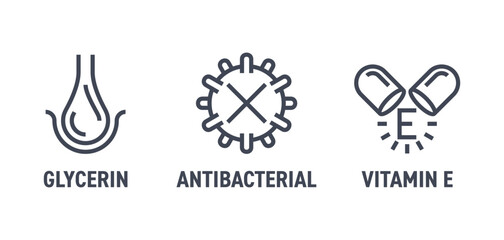Glycerin, Antibacterial, Vitamin E - icons in bold line
