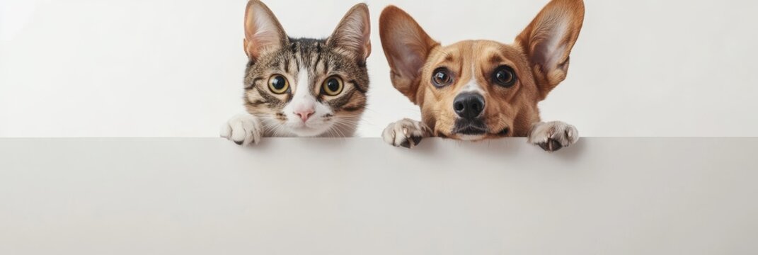 A tabby cat and a brown dog peek over a blank white sign, representing curiosity, friendship, and playful companionship.