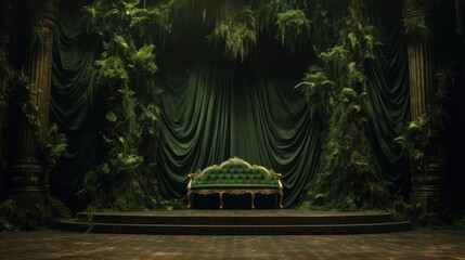 Magnificent antique sofa sits gracefully in the center of the stage against a backdrop of flowing green curtains adorned with lush foliage that envelops ornate pillars