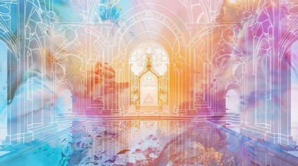 Naklejka premium A surreal and dreamlike image depicting a palace interior with a vast, open space, a large arched window, and a reflective floor that reflects a vibrant sky with clouds. The image symbolizes hope