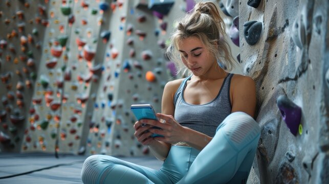 Young Woman Uses Phone After a Climbing Session - Powered by Adobe