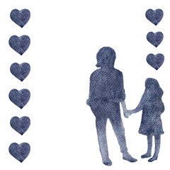 A mother and her 7-year-old daughter holding hands, symbolizing love and connection. A monochrome watercolor silhouette. Ideal for family-themed projects, greeting cards, and emotional storytelling