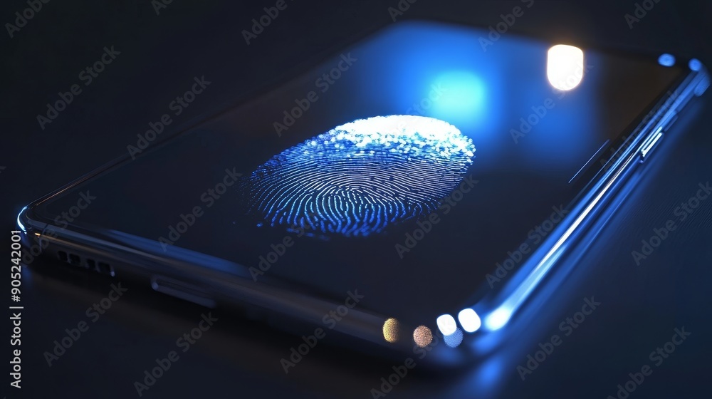 Aufkleber a smartphone with a fingerprint scanner displayed on the screen, symbolizing security, authenticatio