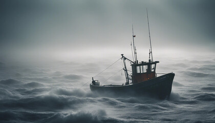 A lone fishing boat braving a foggy, freezing night at sea, surrounded by towering waves and icy mist as it fights against the elements.
