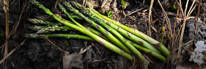 Fototapeta premium A bunch of fresh green asparagus spears lying on the ground, symbolizing healthy eating, spring harvest, organic produce, garden freshness, and natural ingredients.