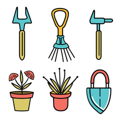Gardening tools plants vector illustration isolated white background. Cartoon garden equipment collection, colorful drawn style. Flat design potted plants, tools gardening hobby