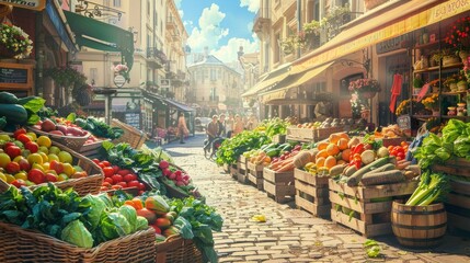 A vibrant street market showcasing fresh, colorful fruits and vegetables, embodying a healthy lifestyle, local community, and the beauty of European architecture.