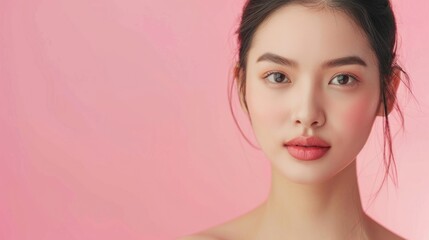 Naklejka premium Close-up Portrait of a Young Woman with Soft Makeup Against a Pink Background