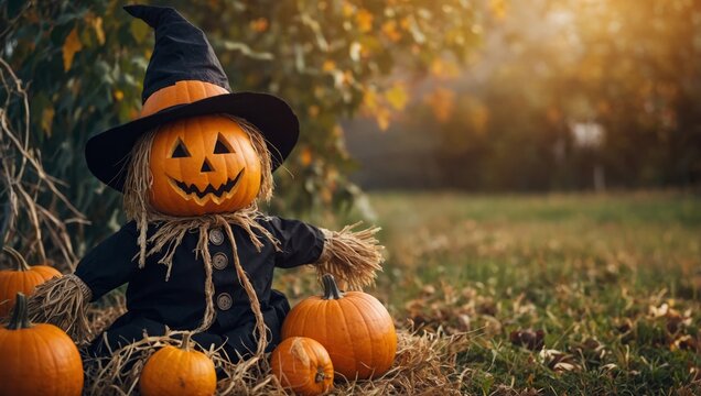 scary pumpkin scarecrow on the field