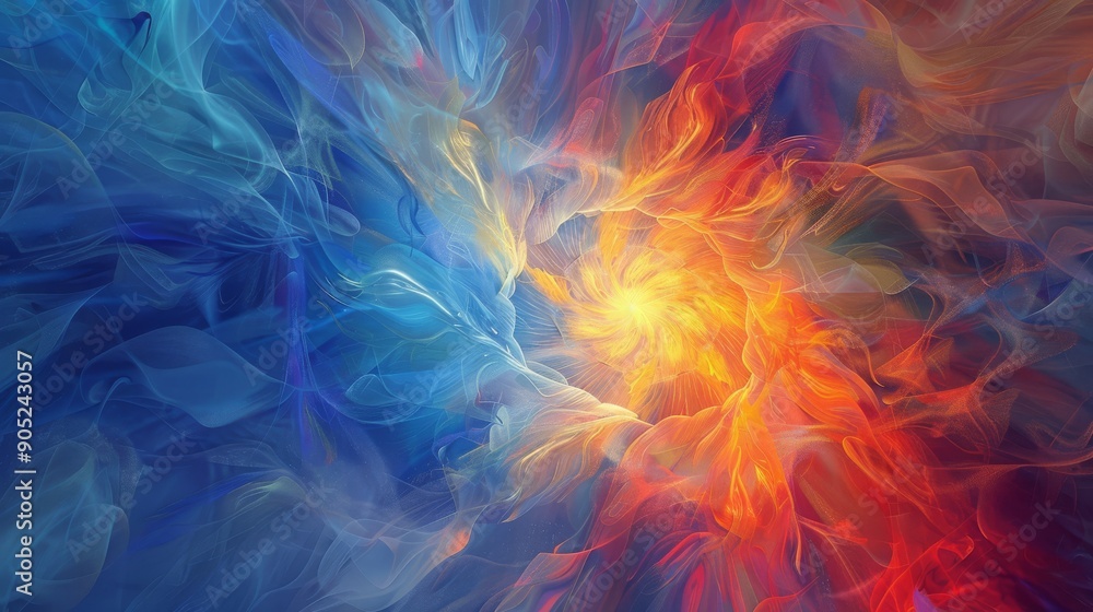 Poster dynamic abstract image with swirls of warm and cool colors, merging harmoniously, creating an expres
