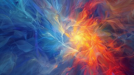 Dynamic abstract image with swirls of warm and cool colors, merging harmoniously, creating an expressive display