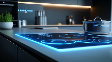 A modern kitchen with a futuristic induction stovetop.  The stovetop has a sleek glass surface with glowing blue lines, representing advanced technology.  A pot sits on the stovetop