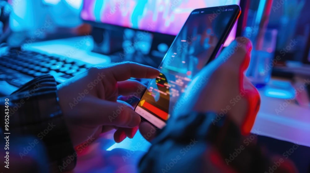 Aufkleber stock trader analyzing charts on smartphone in a neon light office, working late and checking financ