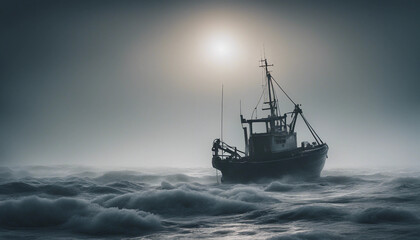 A lone fishing boat braving a foggy, freezing night at sea, surrounded by towering waves and icy mist as it fights against the elements.
