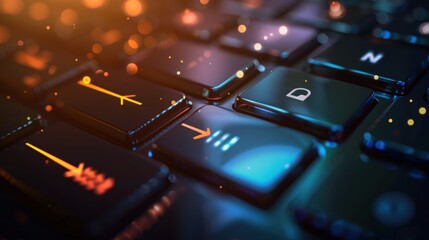 Keyboard with glowing keys showing data transferring or downloading with an arrow symbol