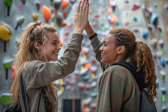 Two Friends High Five at the Climbing Gym