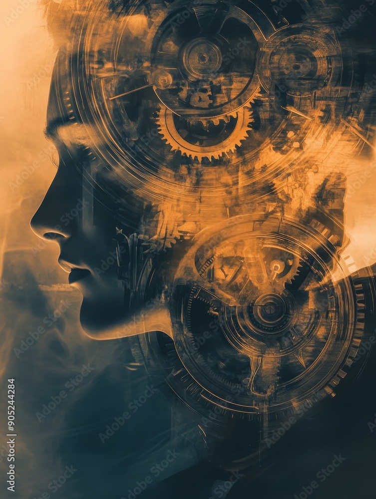 Poster the image symbolizes the intricate workings of the human mind. it portrays a profile of a human with