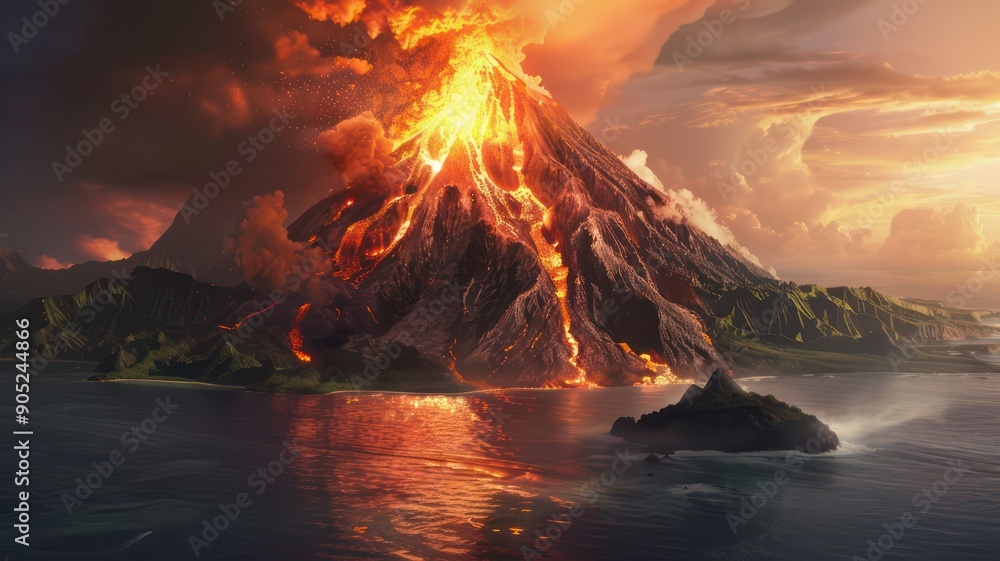 Poster erupting volcano on an island created with generative ai