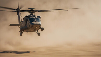 Fototapeta premium A military helicopter flying low over a desert landscape during a sandstorm, with visibility reduced to almost zero as it navigates through swirling sands and powerful gusts. 