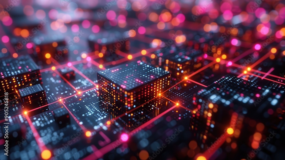 Poster close-up of a futuristic digital circuit board with an array of glowing red and orange lights, repre