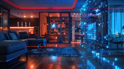 Smart Home, Intelligent Living: A futuristic living room aglow with the interconnected web of smart home technology, seamlessly blending comfort and innovation.