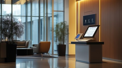 Modern Office Reception: Digital Check-In Kiosk in Contemporary Lobby. Streamlined Technology Enhancing Visitor Experience and Security Management in Corporate Environments. Innovative Workplace.