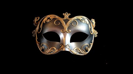Masquerade mask at birthday party against black backdrop with metallic paper