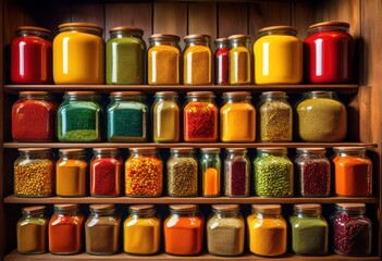 colorful decorative jars filled vibrant spices showcasing rich textures varied shapes eye catching kitchen display, containers, herbs, seasoning, aroma, flavor