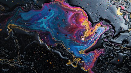 Multicolored metallic dye spills on black surface