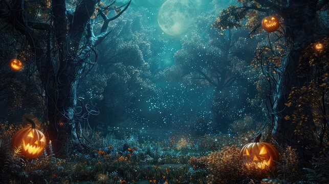 Mysterious woods inhabited by woodland creatures moonlight and lit pumpkins
