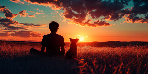 Silhouette of a man with a dog on a sunset background