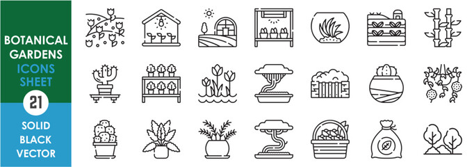 A set of line icons related to Botanical Garden. Botanics, plants, cactus, vase, indoor, bamboo, house, bonsai, basket, farm and so on. Vector outline icons set.