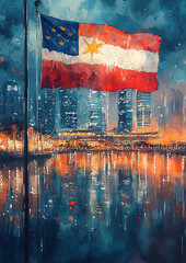 High resolution watercolor style illustration of Singapore national day