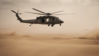 Fototapeta premium A military helicopter flying low over a desert landscape during a sandstorm, with visibility reduced to almost zero as it navigates through swirling sands and powerful gusts. 