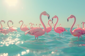 Obraz premium A flock of flamingos standing on the river