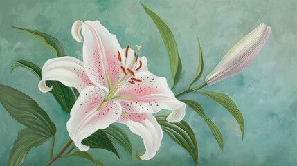 Offset White and Pink Lily with Green Leaves and Background