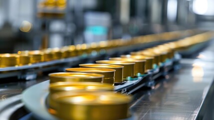 Fototapeta premium Aluminum Cans transfer on Conveyor Belt System, Modern machine for Aluminum line production, Business and Industrial concept
