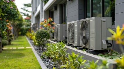 Air Conditioner Units Mounted on Exterior Wall with Lush Greenery