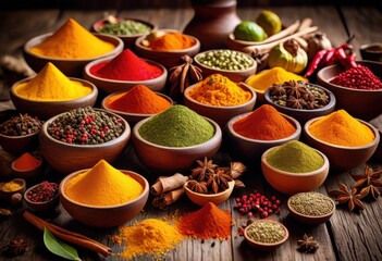 Fototapeta premium vibrant aerial view showcasing colorful assortment exotic spices various shapes textures arranged beautifully wooden surface, colors, cumin, coriander