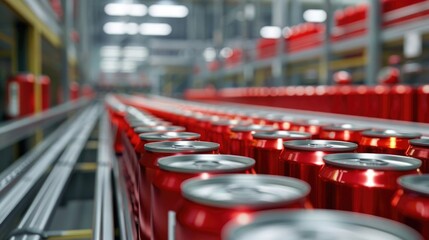 Obraz premium Aluminum Cans transfer on Conveyor Belt System, Modern machine for Aluminum line production, Business and Industrial concept