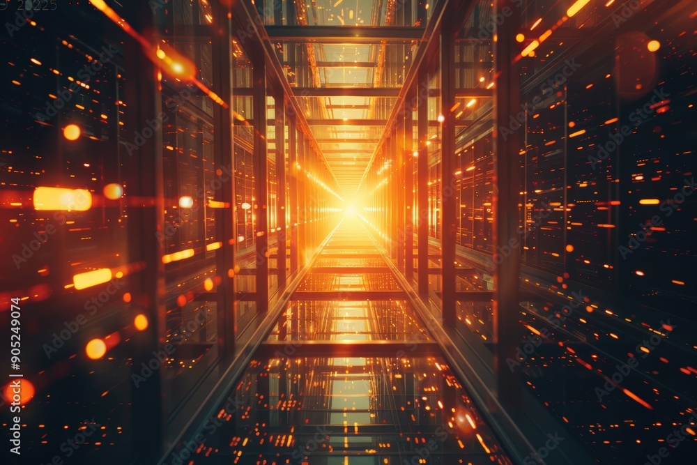 Aufkleber glowing corridor of data center with a bright light at the end of the tunnel