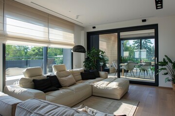 Fototapeta premium A spacious living room with a large sectional sofa and patio access