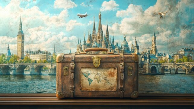 Vintage suitcase sitting on a window seat with european cityscape in background