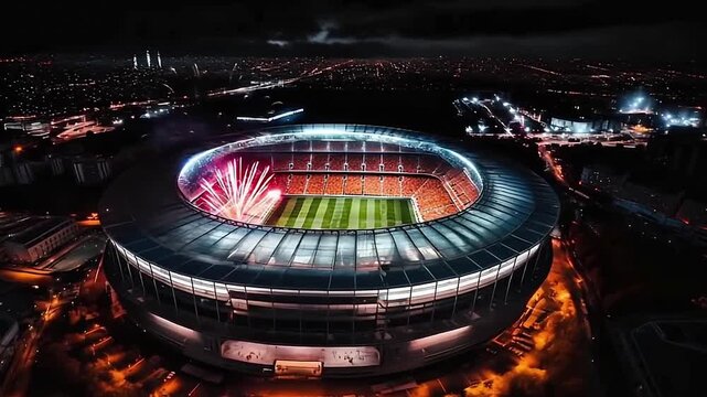 Aerial view of football stadium in the evening, fireworks, festive atmosphere. Football arena with people, city, championship, live broadcast of TV channel, broadcast of the match