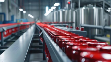 Obraz premium Aluminum Cans transfer on Conveyor Belt System, Modern machine for Aluminum line production, Business and Industrial concept