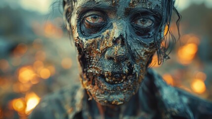 A haunting image of a figure severely scorched, standing in the midst of a chaotic scene filled with blazing fires and destruction, evoking a sense of catastrophe.